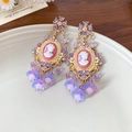 Vintage gold cameo earrings with pink portrait and purple floral crystal drops - 2# Gold Pink Purple Cameo (Silver Earring Post)