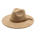 Detail of khaki faux suede fedora hat with a wide brim and decorative woven band - M (56-59cm) / Camel Faux Suede