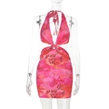 Detail of pink floral halter mini dress featuring leopard print and waist cutout - XS / Pink