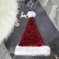 Red sequin Christmas hat with plush white trim on a festive holiday background - 31*47cm / Red