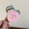 Haarklem met roze stoffen roos, groene bladeren en transparante plastic grip - 38# Haarklem-Roze-Roos