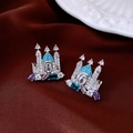 Macro view of 18K gold plated castle earrings with colorful zircon gems on red velvet - Silver Pin - Silver - Castle Stud Earrings (WE5130)