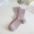 Lavender ribbed crew socks with delicate bow embroidery in a minimalist setup - One Size / Purple
