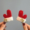 Pair of festive red plush reindeer antler hair clips with golden glitter bows - Shiny Velvet Gloves Red (Pair)