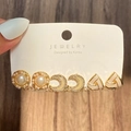 3-pair gold earring set with pearls, crystal moon, and geometric triangles on a jewelry card - 51 Light KC Gold (10543)