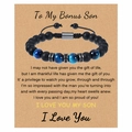 Matte black tiger eye beaded bracelet with adjustable cord on a sentimental gift card - To My Bonus Son