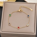 18k gold plated stainless steel bracelet featuring five colorful round gemstones - Gold Five Colors Gemstone Fine Chain Style (5186)