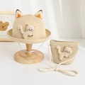Kids beige straw sun hat and matching kitten crossbody bag set with 3D cat ears - Beige Hat + Bag