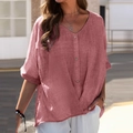 Women's V-neck linen cotton shirt in dusty rose pink with button decor and loose fit - S / Tops / Pink