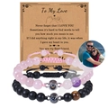Custom photo projection bead bracelet set for couples with pink and black natural stones - 8mm Rose Quartz & Tiger Eye Projection (8MM-Couple Bracelet-17)