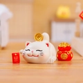 White ceramic lucky cat statue with gold coin, red fortune bag and lucky money envelope - -263 Bringing Wealth and Treasures