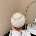 White spherical evening bag with sequined lace texture and metallic round handle - White