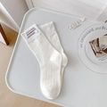 Beige ribbed mid-calf socks with woven label tag in minimalist Korean style - One Size / White