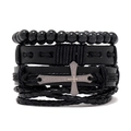 Black multilayer leather bracelet set featuring cross pendant with Lord's Prayer engraving - HTK002-D Black Cross Prayer Style