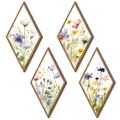 Set of four diamond-shaped wooden wall art plaques featuring colorful watercolor wildflowers - Watercolour Fresh Wildflowers Style (Style B)