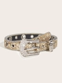 Detail of western style belt featuring gold sequins, silver studs, and rhinestone buckle - 103cm(Size S) / 2.3cm Wide/Rhinestone Buckle Beaded Edge / Gold