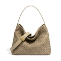 Taupe woven leather tote bag with top handle and detachable strap with gold buckle - Pine Tea Color (Extended Handle)
