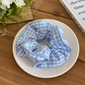 Blue and white checkered fabric scrunchie floral hair tie on a white decorative plate - Blue Plaid (2# Hair Ring)