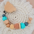 Blue crochet bead and bear beech wood pacifier clip with turquoise silicone beads - Single Bear Pacifier Chain