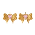 Orecchini a fiocco in acciaio dorato con pietra di vetro rosa a forma di cuore - Orecchini a Bottone Fiocco Dorato Vetro a Cuore Rosa