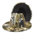 Wide brim fedora hat featuring black and gold tie-dye graffiti print in a street style - M(56-58cm) / Khaki