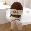 Detail of color-block knitted hat and scarf set featuring N.O.T embroidery for kids - Set / Coffee