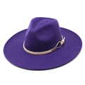Detail view of purple wool fedora hat featuring a white leather band and metal buckle - M (56-58cm) / Purple