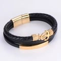 Men's multilayer black braided leather bracelet with golden anchor charm and magnetic clasp - Gold Magnetic Buckle