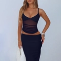 Ensemble noir deux pièces pour femme avec débardeur en maille filet et jupe midi moulante assortie - S / Bleu Marine