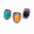 Vintage style gold-plated rings with oval natural agate stones and crystal border - Obsidian