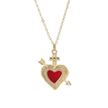 Gold-plated necklace with red heart pendant, arrow design, and zircon accents - Arrow Through Heart with Cross Style (YS-231117-9)
