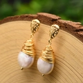 Gold finish 925 silver drop earrings with baroque pearl and vintage hollow metalwork - Waterdrop Simple Flat Bead Earrings