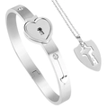 Silver interlocking heart lock bracelet and key pendant necklace jewelry set for couples - No Diamond Heart Pendant / Steel