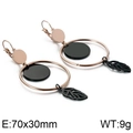 Rose gold titanium drop earrings with black circular inlay and hollow leaf pendant charms - Rose Gold-Black