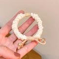 Elegant cream silk scrunchie with khaki cord knot and amber bead detail for high ponytails - Beige Crystal Decor Scrunchie 1Pc