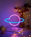 Pink and blue LED Saturn neon sign lamp with white circular base for desk decor - Planet (Outer Blue Inner Pink) With Base
