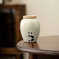 Mini ceramic tea canister in sage grey with wooden lid and panda relief pattern - Straw Ash Relief Panda - Zuozuo 3