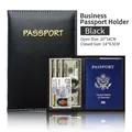 Slim black PU leather passport holder case with gold lettering and internal card slots - Black