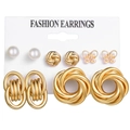 5-pair gold earring set with pearls, butterfly studs and geometric textured hoops - 5 Pairs Set-Gold Pearl Butterfly