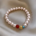 French style pearl bracelet with pink pearls, red agate, and blue turquoise beads - 92# Bracelet - Pink - Gift Box
