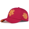 Close-up of a dark red cotton baseball cap with yellow embroidery and side stitching - Adjustable / Red