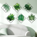 Set of 6 black diamond metal mesh wall frames with diverse green artificial plants - Green Plant Grid Style