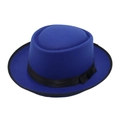 Elegant royal blue felt bowler hat with flat top and black decorative ribbon bow - Blue