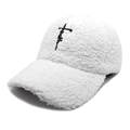 Detail of white sherpa baseball cap featuring black Faith cross embroidery and soft wool texture - M (56-58cm) / White