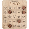 Detail of the high-quality laser-engraved baseball terms on the natural wooden bingo board - Baseball