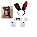 Rabbit cosplay set featuring black and red plush ears, bow tie, cuffs, and tail - Black and Red Bunny Set