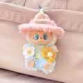 Plush doll charm in pink hat and blue overalls attached to a stylish pink handbag - Pink And Blue Floral Language Set / First And Second Generation Keychains Are Compatible With La Cloth Dolls. Dolls Not Included.