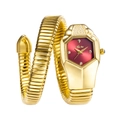 Detalle macro de un reloj dorado con forma de serpiente y esfera hexagonal roja con joyas - Dorado Rojo