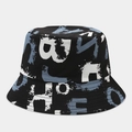 Close-up of graffiti print detail on black reversible cotton bucket hat with blue accents - Black Base White & Blue Graffiti (Color 15)
