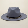 Classic grey wool fedora hat with elegant gold chain and black woven band decoration - M (56-58cm) / Gray